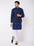 Vastramay Men's Navy Blue Solid Nehru Jacket With Blue Tie Dye Print Kurta And White Cotton Pant Style Pyjama